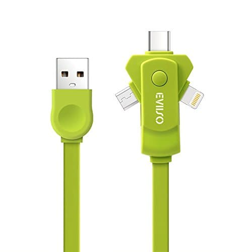Multi USB Charger Cable,EVIISO 3 in 1 Multiple Charging Cable Cord with Lightning/Micro USB/USB Type C Adapter Connector for iPhone 7/7 Plus,Samsung Galaxy S8/A5 2017,Huawei P10,iPad,Kindle 1m Green