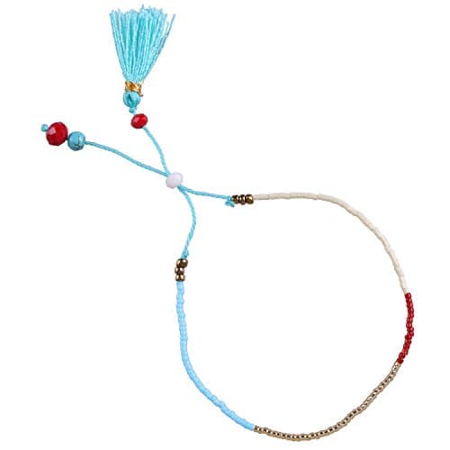 Hand Woven Multi Color Crystal Created Turquoise Beaded Single Wrap Bracelet with Pendant Tassel, Blue
