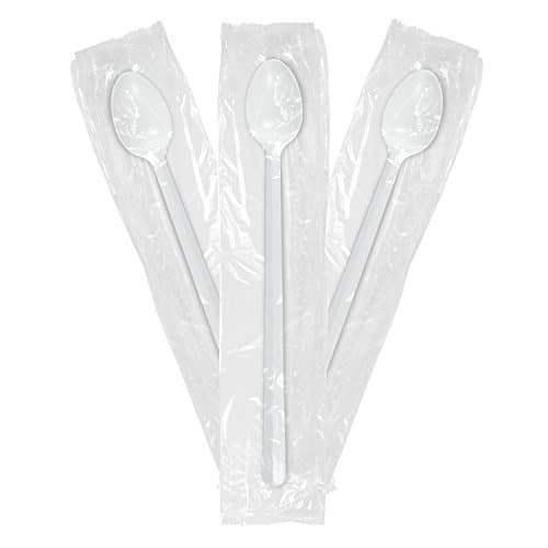 Medium Weight Wrapped - Plastic Disposable Long Soda Spoons - White - 100 pcs Value pack