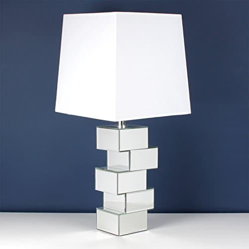 Contemporary Mirror Block Base Glass Table Bedside Buffet Lamp Light &amp; White Shade 73 cm