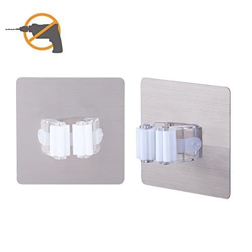 Broom Mop Holder LAUNGDA Wall Mount Tools Storage Home Organization Shelving Ideas Self Adhesive Clip Grip Pack of 2