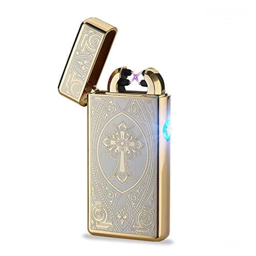 Arc Lighter Rechargeable USB Electronic Coil Lighters Dual Arc Beam Cigarette Lighter Cigar Lighter No Gas Flameless Windproof (Gold)