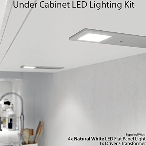 4 Pack | Bright 5W LED Low Profile Under Cabinet Panel Spot Lights & Driver Kit | Aluminium & Natural White | Kitchen Worktop Countertop Cupboard Unit Down Light | Modern Slim Lighting Fitting