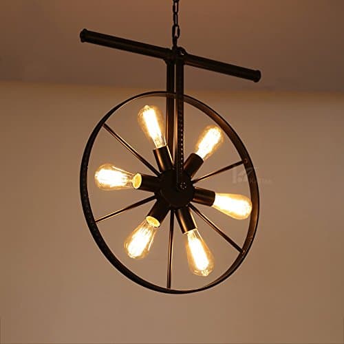 Crayom Vintage Lamp Industrial Iron Chandelier(E14 Light Source,Adjustable Chain),Creativity Round Wheels Restaurant Pendant Lamp Kitchen Island Farmhouse Bar Ceiling Light ( Color : Black )