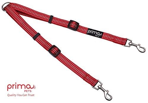 Prima Pets Reflective Adjustable Double Dog Coupler - Each Side Adjusts 28 cm to 51 cm in Length - Strong Nylon Lead Splitter - Walk 2 Dogs with Ease (MEDIUM – 2 cm Width, RED)