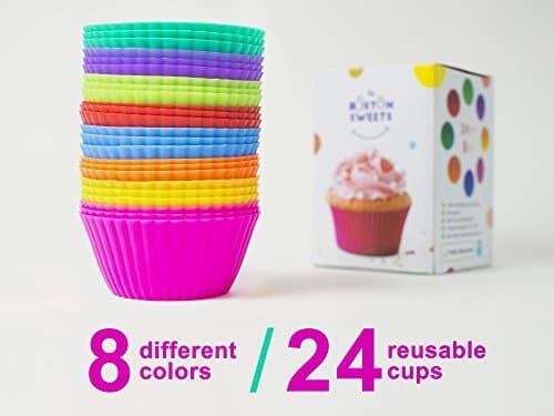 Silicone Cupcake Liners - 24 Pack Baking Cups- EIGHT colors - Reusable &amp; Nonstick Muffin Molds - Cupcake Holders Gift set - Pink Purple Blue Red Green Fun Green Yellow Orange Muffin Cups - FREE E-BOOK WITH 70 RECIPES -Lifetime Guarantee!!!