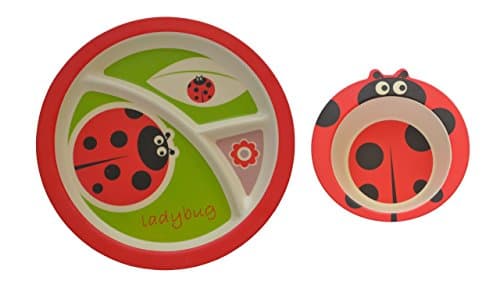 Kids Sectioned Plate & Bowl Bundle – Made from Bamboo Fibre in Ladybird Design by Mini Mumbler® | Tableware | Dinnerware | Mealtimes | Weaning | Eco-Friendly