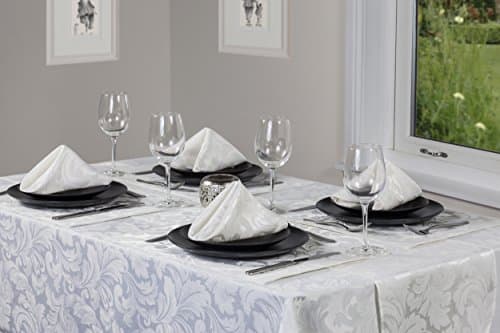 Cadiz Glacier (Off-White) Damask Effect 8 Place Setting Rectangular Mega Package Tableware Set - Includes A 52in x 90in (132cm x 228cm) Oblong (Rectanglular) Tablecloth - Napkins - Table Runner And Placemats. From The Signature Collection. All Sizes Are Approximate.
