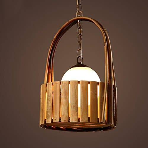 QHB Creativity Pendant Lamp Solid Wood Bamboo Arts Basket Adjustable Vintage Edison E27 Interface Light Bulb Illumination Living Room Bedroom Size 27 * 40 Cm