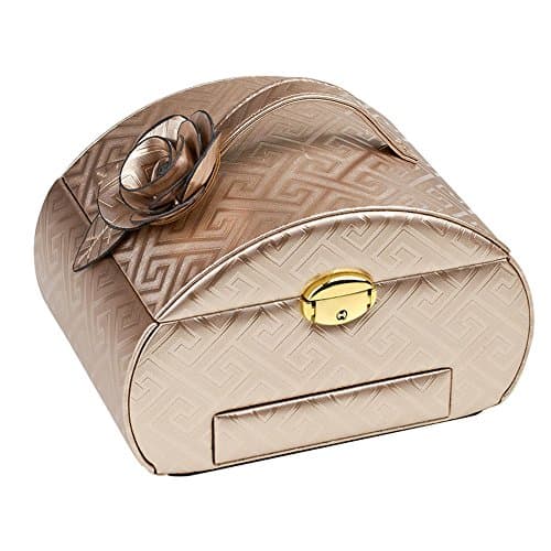 Elegant Rectangular Diamond Pattern Leather Jewelry Box Lockable Makeup Storage Case Organizer with Lift-Up Lid Mirror and Drawers (Brown)