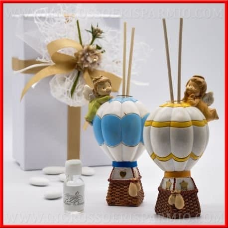 Reed Diffuser/Diffuser in Redina Colourful Hot Air Balloon In Two Colours (Sky Blue and Yellow Shape), on the ball is placed a picconolo Angel Complete STESO, of wooden Speakers, including gift box and bottle Essence – Wedding Favours Birth, baptism, communion, First Birthday kit 12 pz. Binaco