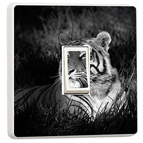 Black and White Tiger sat in Grass Nature Light Switch Sticker Cover (14751945)
