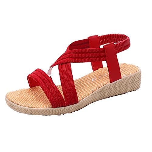 Womens Elastic Sandals Cross Strap Summer Beach Open Toe Flat Shoes Red 39