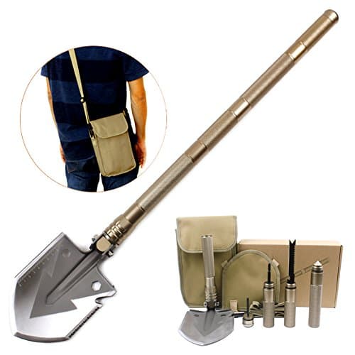 yibei Portable Folding Shovel with Multi Tools Compass Saw Screwdriver Attack Cone Stainless Steel Spade Aluminum Handle Survival Shovel Kit for Camping Hiking Outdoor Tactical Activities (gold)