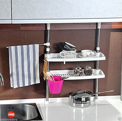 7007 Telescopic Adjustable Kitchen Rack 2 Tier Organiser Spice Jar Shelf Storage