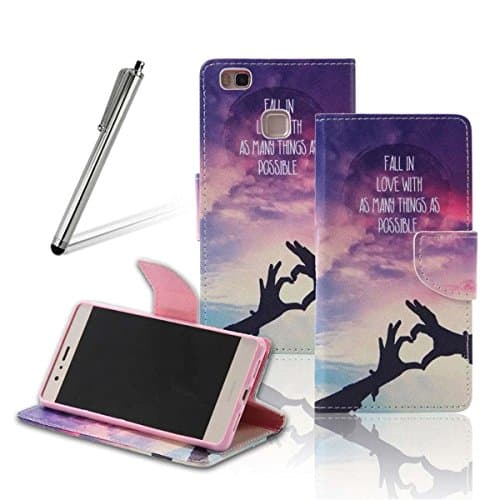 Huawei P9 Lite Case GeniusMALL 2016 New Style Color Pattern Design PU Leather Protector Wallet Cover Ultra Slim Fit Inner Soft TPU Flip Book Folio Stand with Credit Card Holder Slot Function ( Love Gesture )