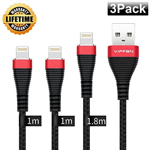 Vipfan Lightning Cable, 3Pack [2X3ft 1X6ft] Nylon Braided iPhone Charging Cord for iPhone X/8/8plus/7/7plus/6/6s/6plus/6s plus/5s/SE/iPod/iPad [Black]