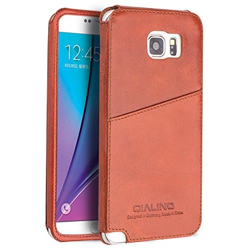 Samsung Galaxy Note5 Case, Ultra thin Genuine Leather Back Cover Bumper for sumsung note5, QIALINO Soft Durable Phone Protector with Card Slot for Sumsung galaxy Note 5
