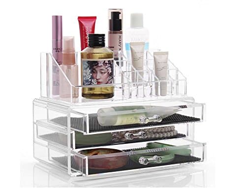 DJUNXYAN Large Transparent Multifunction Detachable Combination Double-Deck Acrylic Make Up Organiser Cosmetic Box Lipstick Makeup Brush Tray Plus 3 drawers