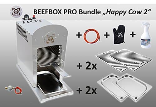 PRO HAPPY COW BEEF Box 2, Piezo Ignition, TÜV Certified – 800 Degree Upper Grill | Stainless Steel | Base/Grill Rack Rail Removable