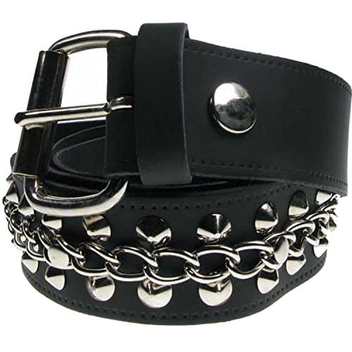 38mm 2 Row Conical W/Middle Chain Real Leather 1.5" Wide Gothic Punk Biker Studded Fashion Jean Belt For Mens Womens Handmade In England (XLarge 40"-44", Black)