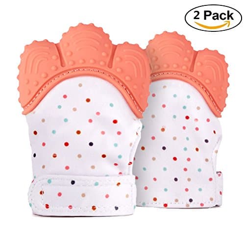 Baby Teether by KingCorey - 2 Pack Sounding Teething Mittens for Protecting Baby’s Fingers, Soothing Toys for Infants Age 2 - 12 Months (orange)