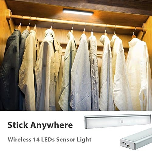 Derlson® Wireless 14 LEDs Motion Sensor Under Cabinet lights, Rechargeable Motion lights / Night light(3 modes Auto/on/off) for Wardrobe,Closet ,Garage ,Hallway,Attics ( Cool light)