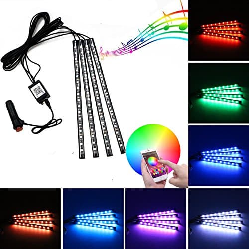 Car LED Strip Lights, Giftorld 4 pcs 48 LED Bluetooth Phone App Controller, Car Multicolor Music Active Function Interior Lighting Kit