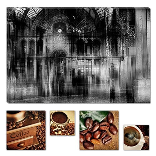 Eco Light Canvas Wall Art Bundle Black and White Abstract Night City Life Shadows 80 x 120 cm for Home Décor and Lovely Kitchen Coffee Collage Set of 4 Artwork Modern Framed