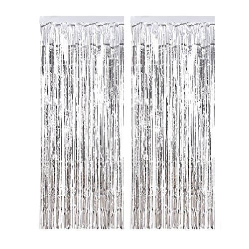 Fringe Curtain 2 Pack Backdrop Curtains (1 x 2.5 m) Shimmer Foil Doors Windows Photo Booths Curtains for Birthday Wedding Decoration (Silver)
