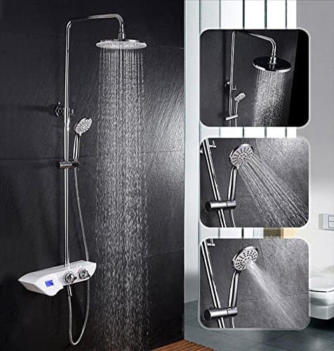 LED Digital Display Bathroom Rain Mixer Shower Combo Set, 3 Effluent Mode Shower System, Bath Rainfall Shower Head, Handheld Shower, Shelf Function, Polished Chrome