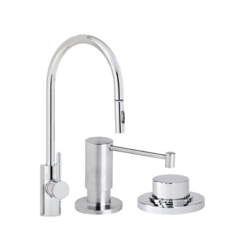 Waterstone5400-3-PN Parche Single Handle Kitchen Faucet with Pull Out Spray, Soap Dispener and Air Switch, Polished Nickel