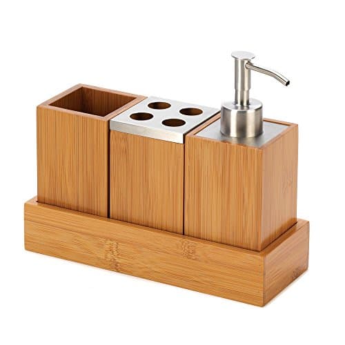 Bamboo Bathroom Accessory Set in Tray Soap Dispenser Cup Toothbrush Holder