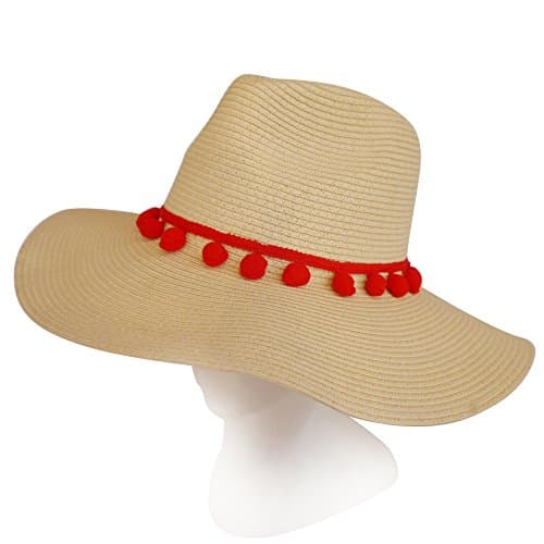 MAISON DE COCO Adjustable sized Pompom Band Panama Wide Brim Straw Fedora Hat-RD