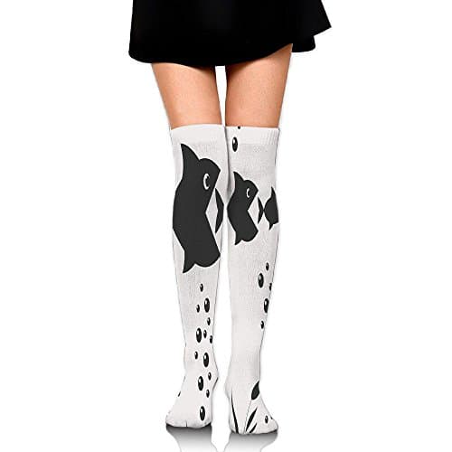 Hizhogqul Big Fish Eats Little Themed Image With Tree Fish In A Row Bubbles Coral Reef Women's Fashion Over The Knee High Socks (60cm)