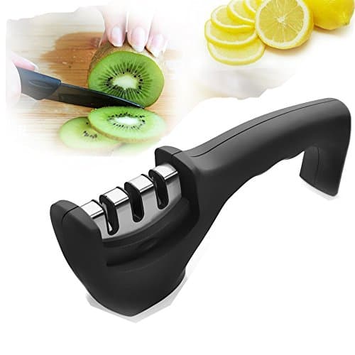 Knife Sharpener - 3 Stages Professional Knife Sharpening System for Steel and Ceramic Knives in all Sizes, with Slip-resistant Rubber Feet, Black