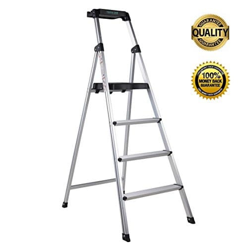 Ladder,Step Ladders Step Stool Fold Up Lightweight Aluminum Stepping Stool For Home Warehouse Office Garden 4 Step Folding For Adults With Platform And Tray 330lbs Capacity Anti-Slip (Sliver)