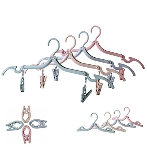 Toolist Environmental Folding Plastic Hangers (12 Pack with 24 Hanger Clips) Travel Home Camping Mini Non-slip Clothes Shirts Sweaters Dress Hanger Hook Drying Rack (Pink, Blue, Beige, Green)