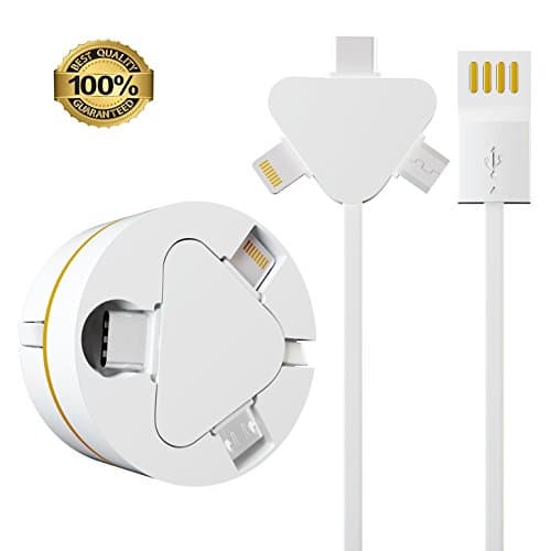 Retractable Charging Cable, Annababy 3.3ft Multi USB Charger 3 in 1 Lightning Micro USB C Cable Multiple USB Charging Cord for iPhone X 8 7 6s 5 iPad Pro, Samsung S8 S7, LG G6 G5, Google Pixel,White