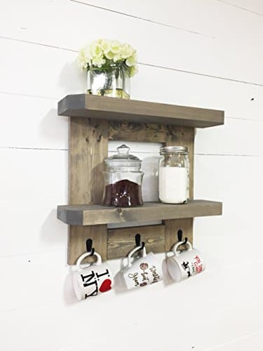 Rustic Wooden Kitchen Shelf / Coffee Shelf with Mug Hooks by Mountain Creek Woodworks (Classic Gray)
