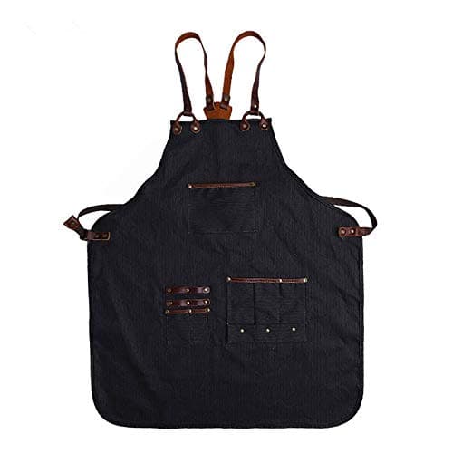 Luxury Canvas Work Apron Heavy Duty Water Resistant Tools Aprons Adjustable Cross-Back Straps Workshop Carpenter Chefs (Black)