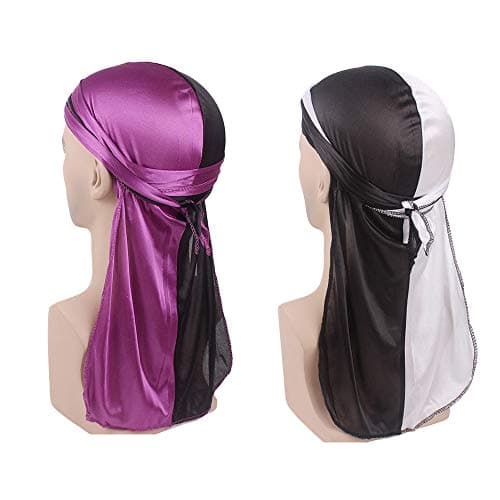 YAKEFJ Two Tone Silky Durag Headwraps with Extra Long Tail and Wide Straps for 360 Waves Long Straps