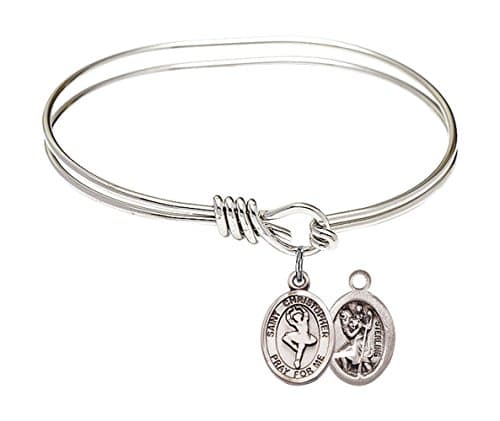 St. Christopher Dance Charm On A Child Sized 5 3/4 Inch Oval Eye Hook Bangle Bracelet