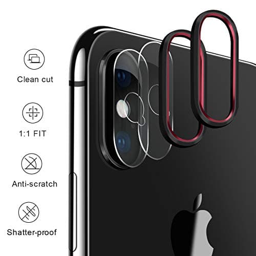 [2 Pack] ElekFX Camera Lens Screen Protector for iPhone Xs/iPhone Xs Max Anti-Scratch Aluminum Alloy Lens Protective Ring, 0.2mm Ultra-Thin High Definition Tempered Glass Camera Film - Black Red