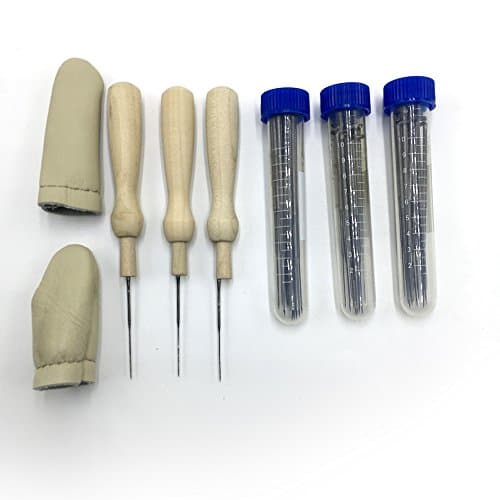 Wool Felt Tools Set by YUWANGTING, include 60 Pieces 3 Sizes Felting Needles Wool Felt Tools with 3 Pieces Clear Bottles and 3 Pieces Wooden Handles and 2 Pieces Leather Finger Cot