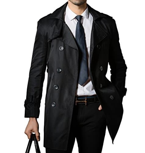Black Mens Trench Coat Belt Spring Thin Double Breasted Jacket Overcoat Outwear