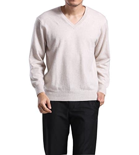 METERDE Men's Must-Have V Neck Cashmere Basic Pullover Sweater Off White 2XL