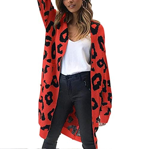MOLFROA Womens Leopard Printed Long Sleeve Open Front Knit Pocket Long Sweater Cardigans