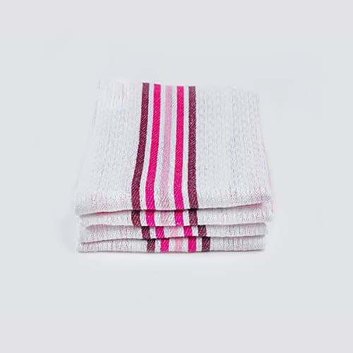 Fine Quality Waffle Weave Kitchen Towels Dish Cloth 4-Pack, 100% Cotton Tea Towels, Super Absorbent, 27 x 18 Inch - Pink Bands