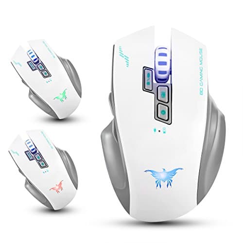 Hotyet Rechargeable 2.4G Wireless Wired Gaming Mouse Optical Mice with 4 Adjustable DPI Levels, 8 Buttons, 3 Colors Breathing Lights for PC and Mac(White)